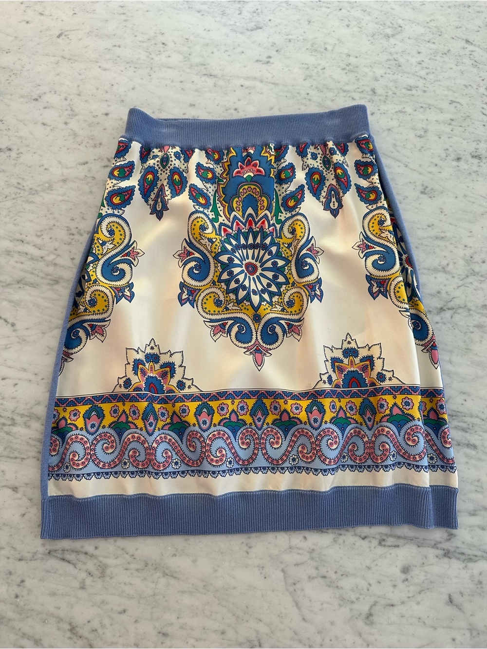 ETRO Printed Paisley-Panel Skirt in Ivory and Blue